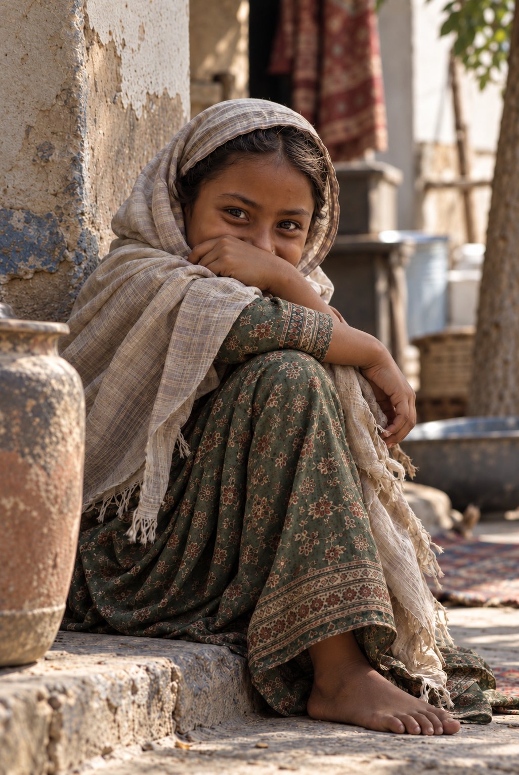 A girl sitting on a doorstep, smiling behind her hand